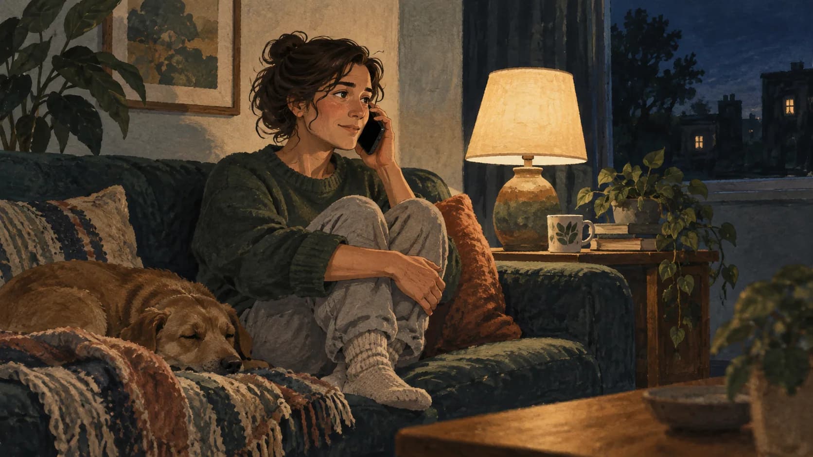 Illustration of a woman talking on the phone beside a lamp late at night.