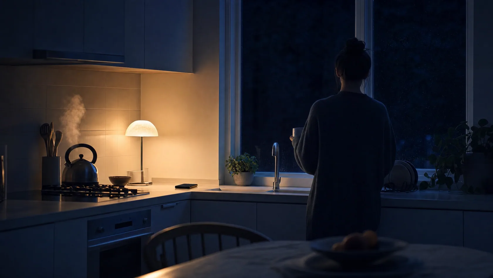 A kitchen at eleven at night: one lamp, a kettle just boiled, a phone face up on the worktop, the window black.