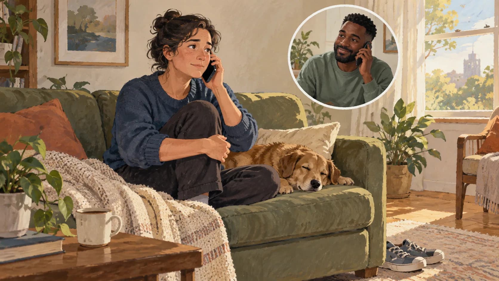 A person pausing on a sofa and calling a trusted person.