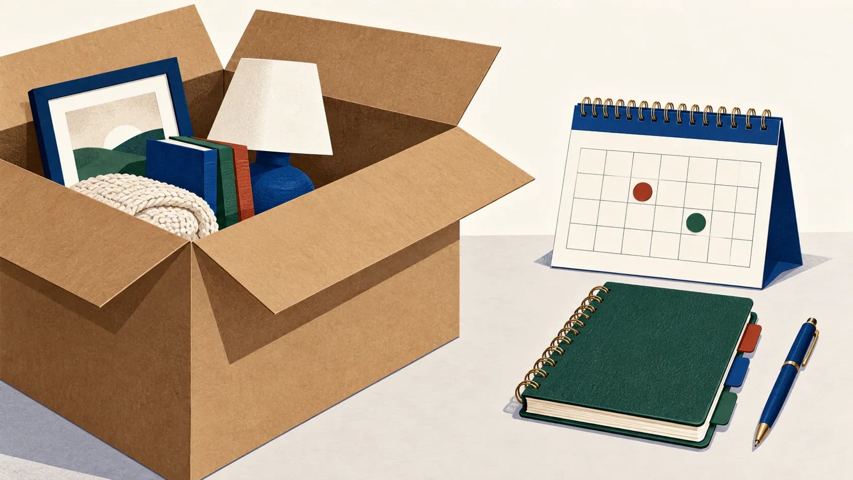 A calendar and contact notebook kept beside a moving box.