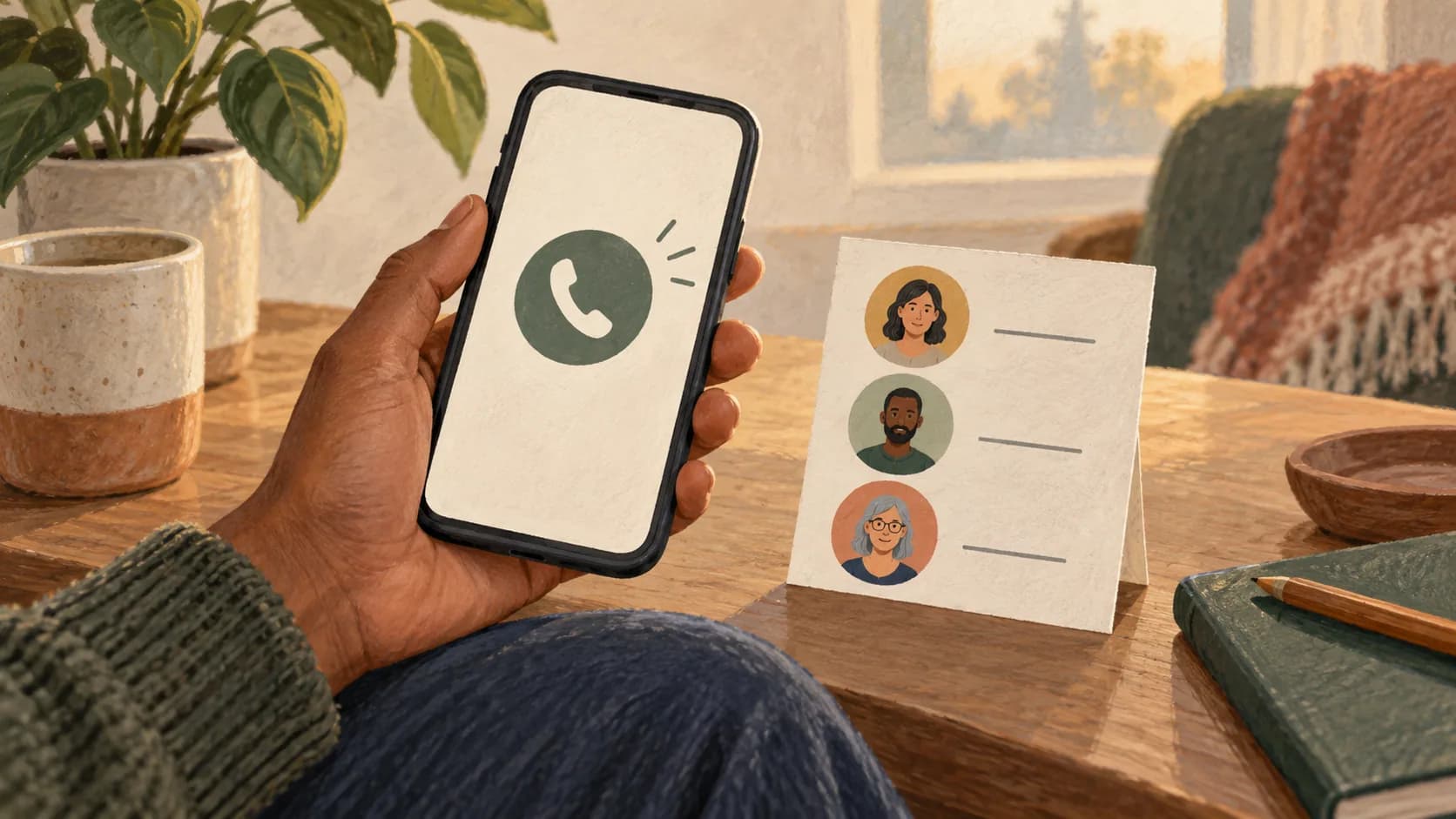 Close view of a hand holding a phone with a simple call symbol and a small contact card beside it.