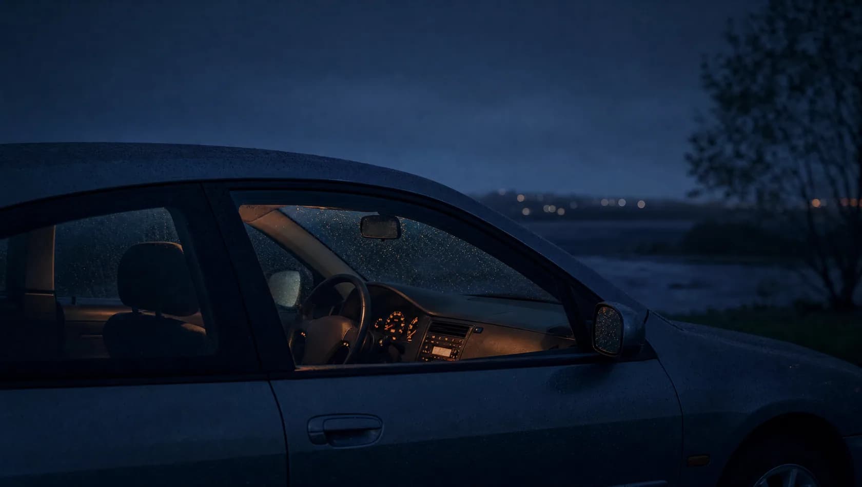 A parked car at night seen from the passenger side, dashboard glow on the empty driver's seat, rain across the windscreen.