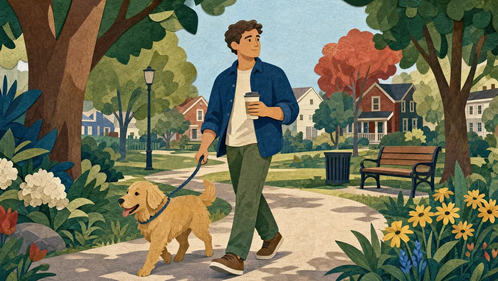 Illustration of a man walking his dog through a park on an ordinary morning.
