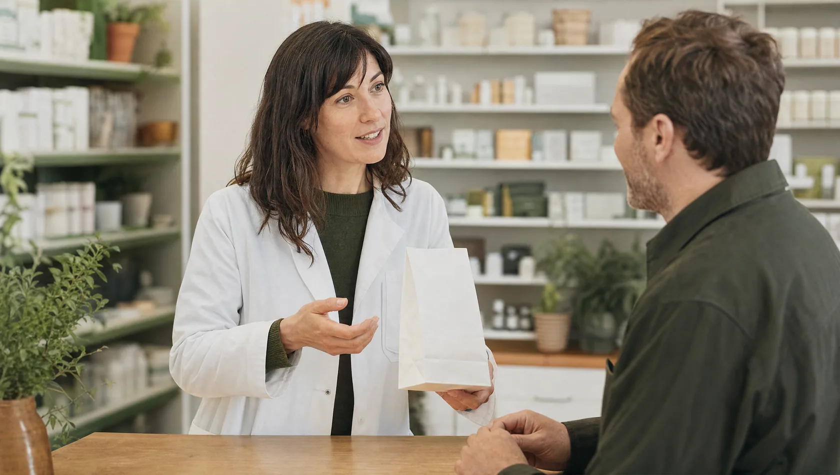 A pharmacist explaining a prescription to a customer at a pharmacy counter.