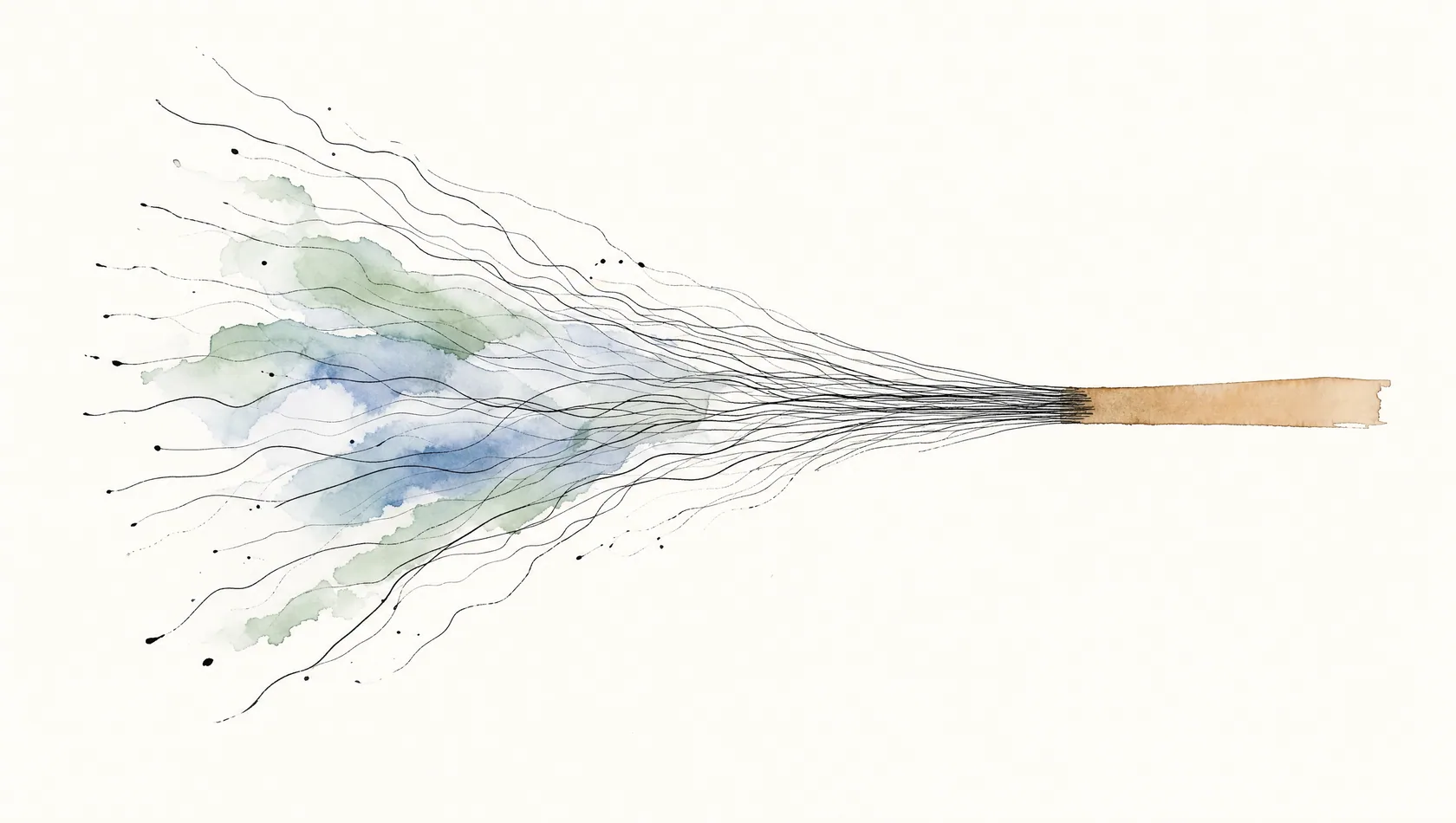 An ink-and-wash drawing: a loose funnel of many thin lines converging into a single band, washed sand at the narrow end.