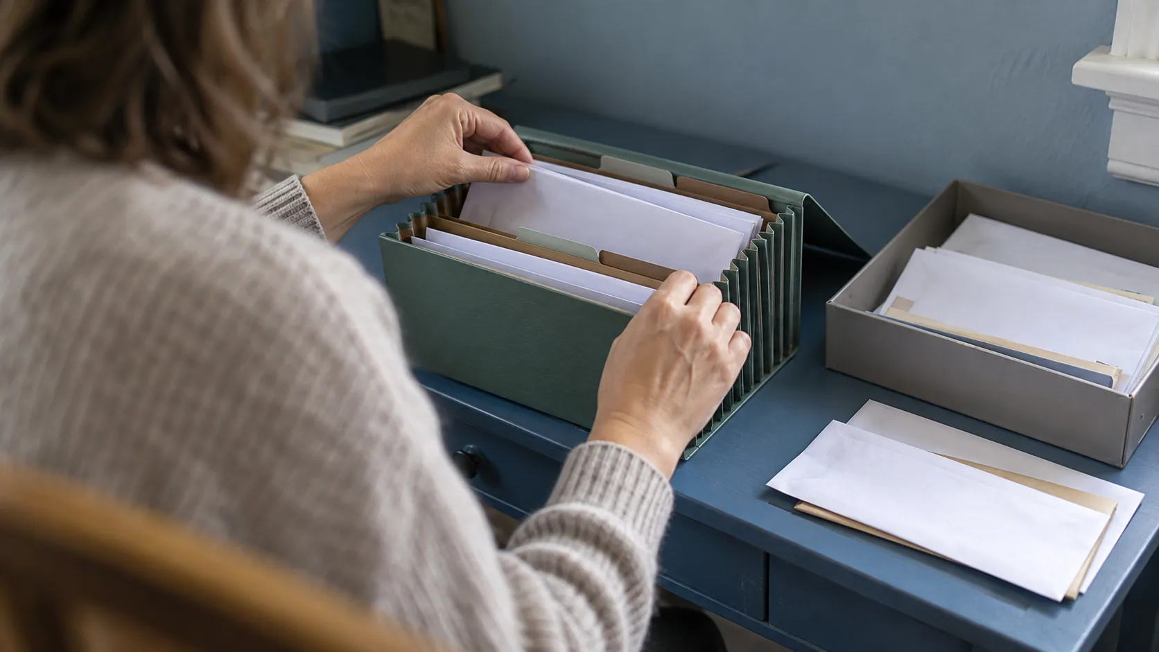 Hands sorting household mail into a simple accordion file.