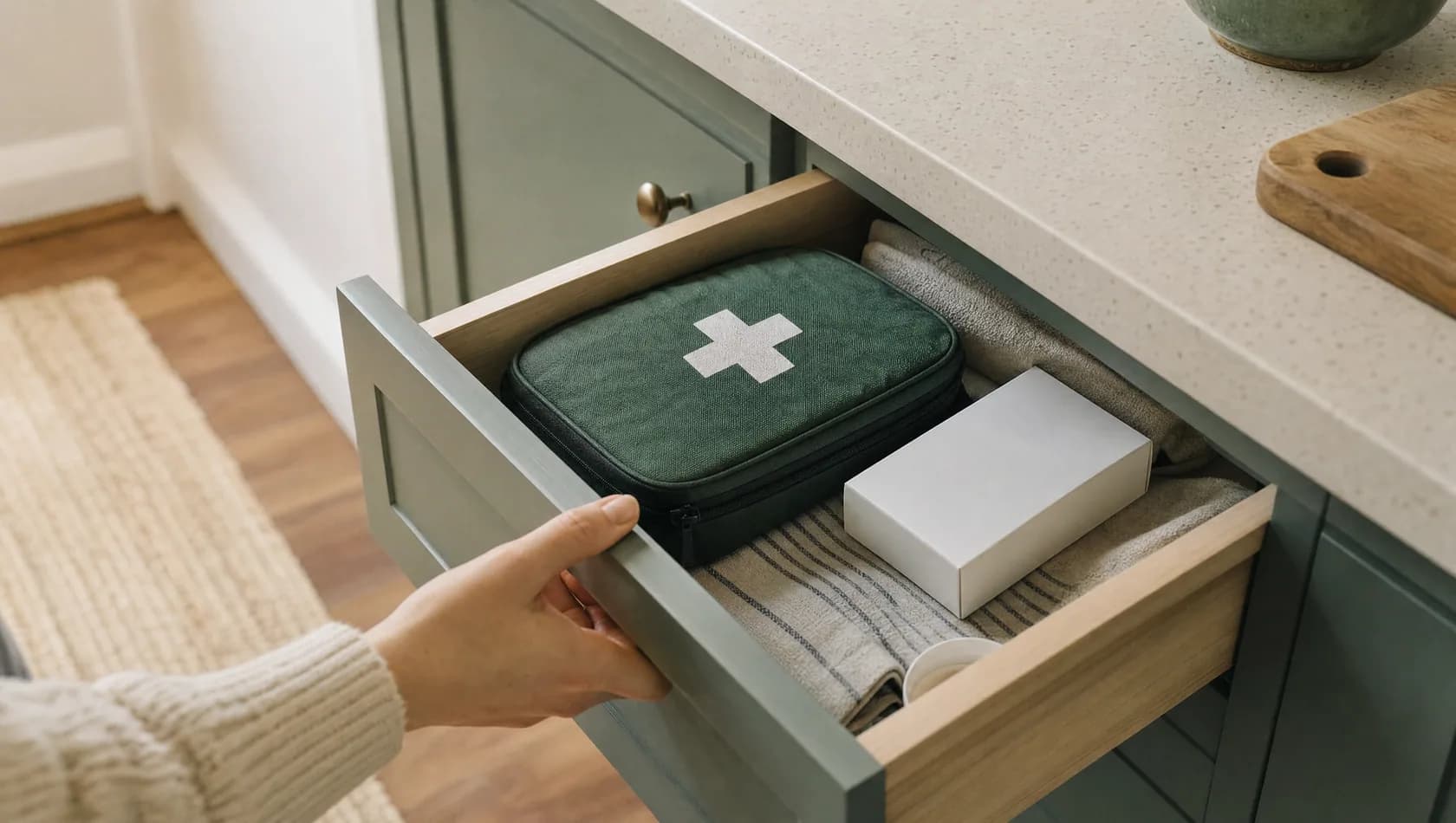 A hand opening a kitchen drawer that holds a first aid kit and a small plain box.
