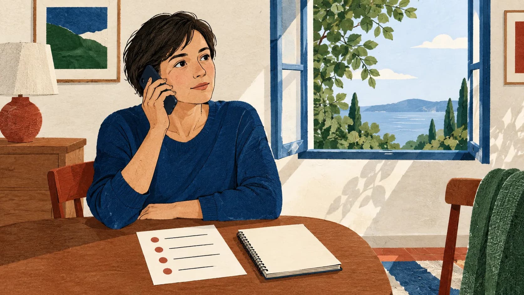 A person making a private information call with questions nearby.