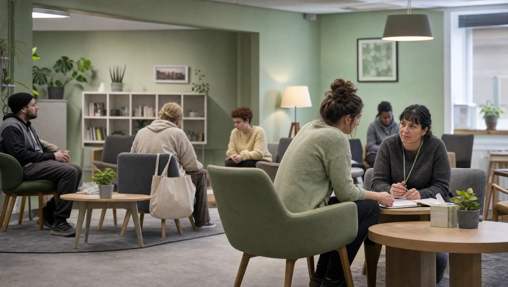 An advice drop-in room with a few low tables, an adult sitting with a volunteer at one and others waiting.