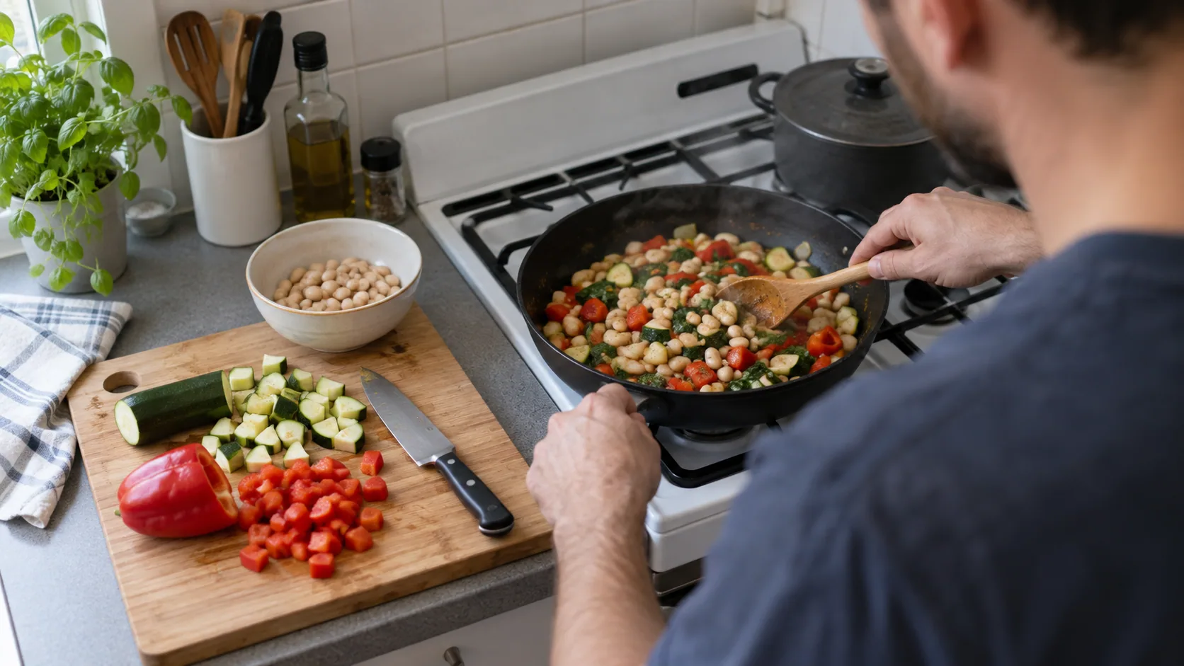 An adult preparing a simple vegetable and bean supper in one pan.