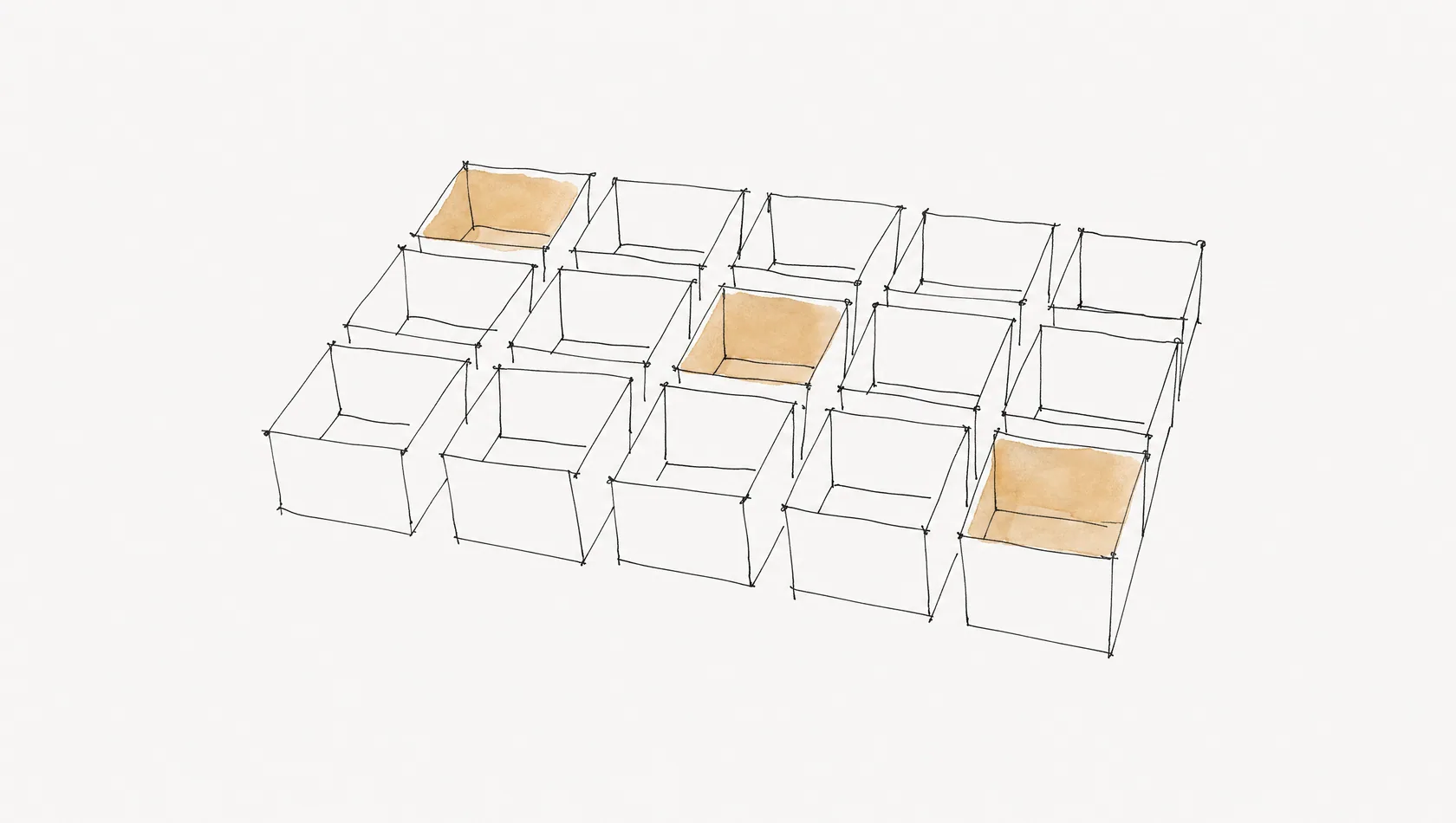 An ink-and-wash drawing: a loose grid of empty cells with only three washed in sand, the rest left as open line.