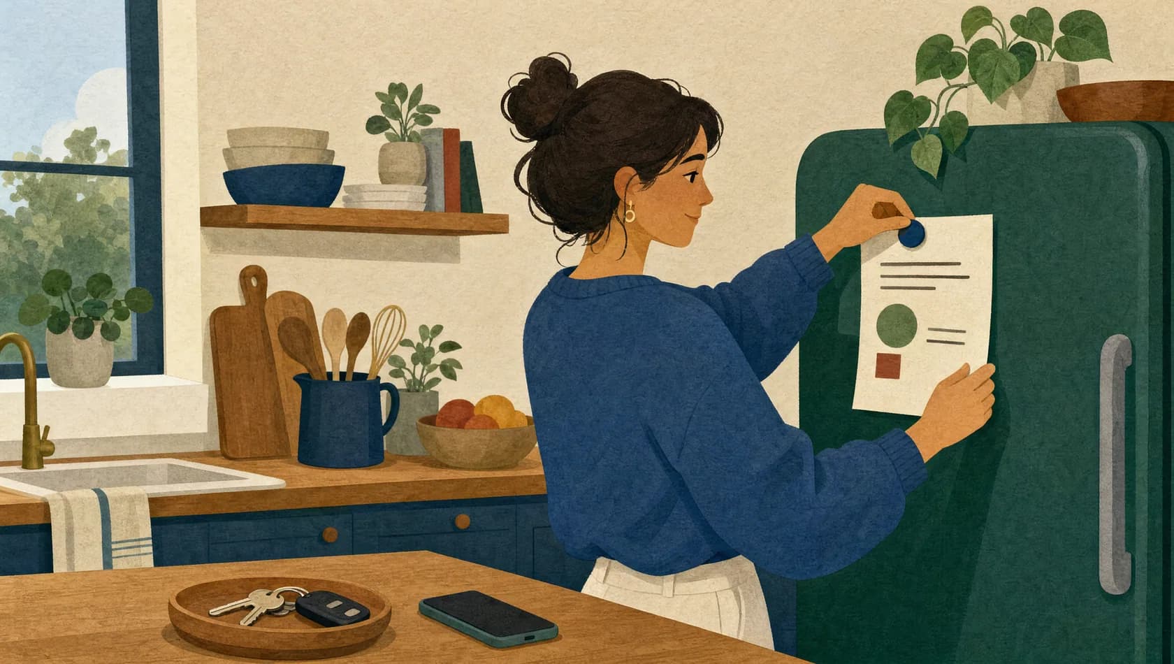 Illustration of a person pinning a plan to a refrigerator at home.