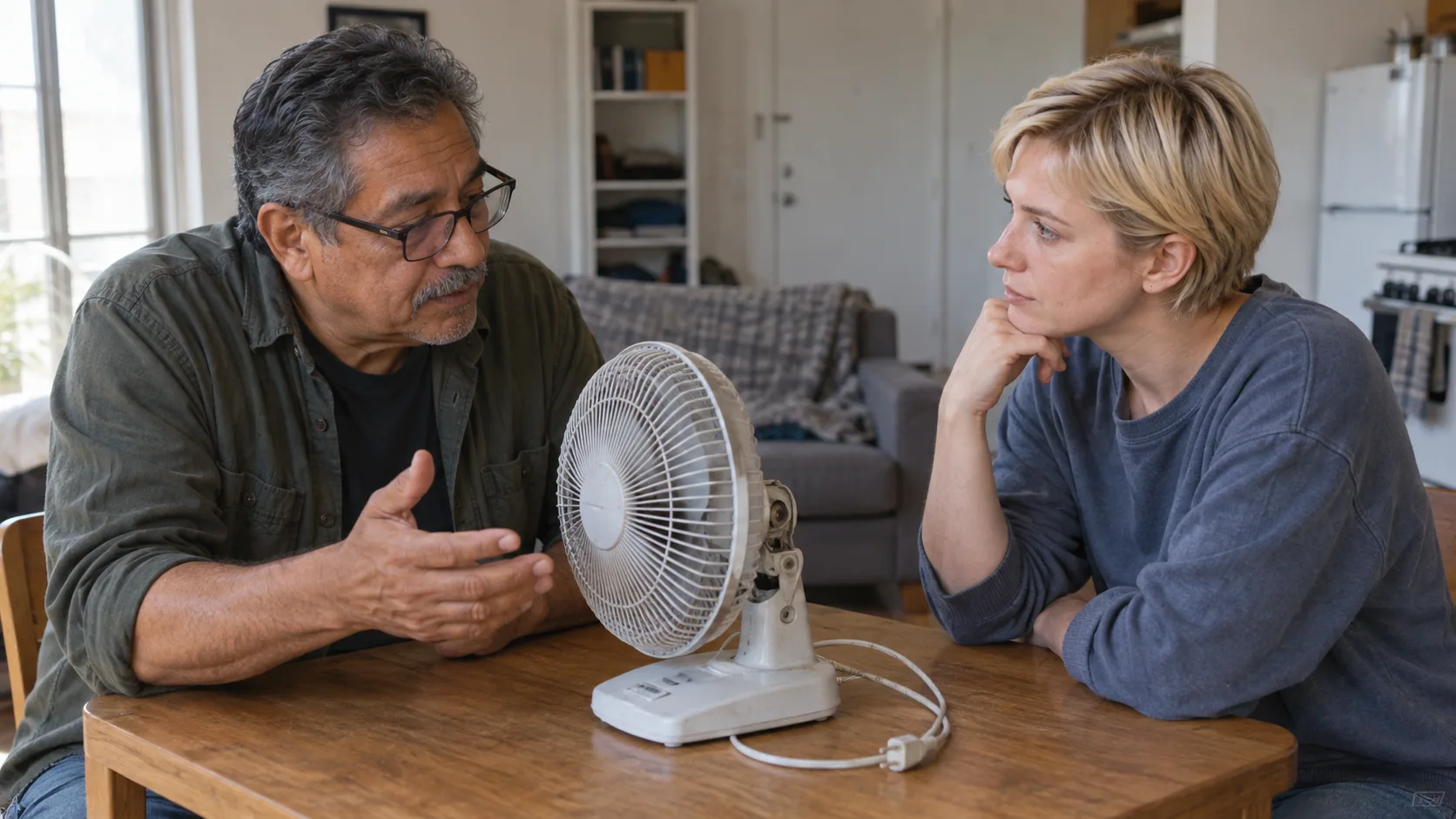 Two housemates discussing how to repair a broken household fan.