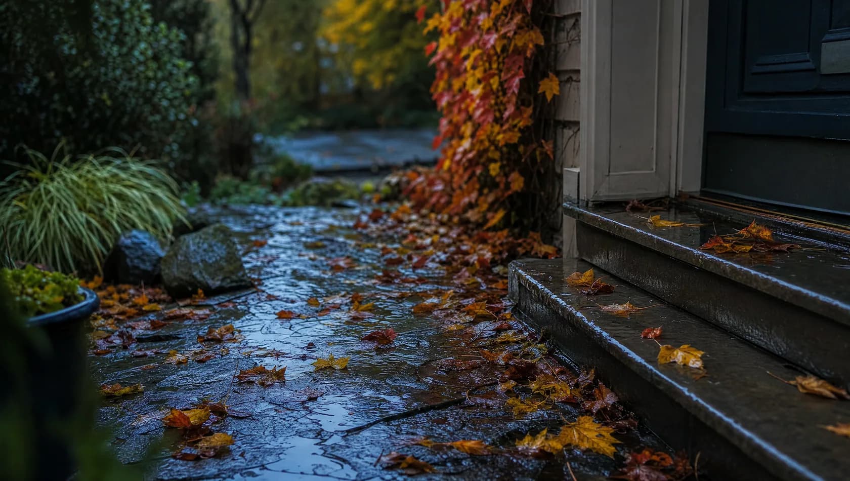 Late-autumn rain easing on a front path, wet leaves flattened on the paving and a doorstep still dark with water, no people.