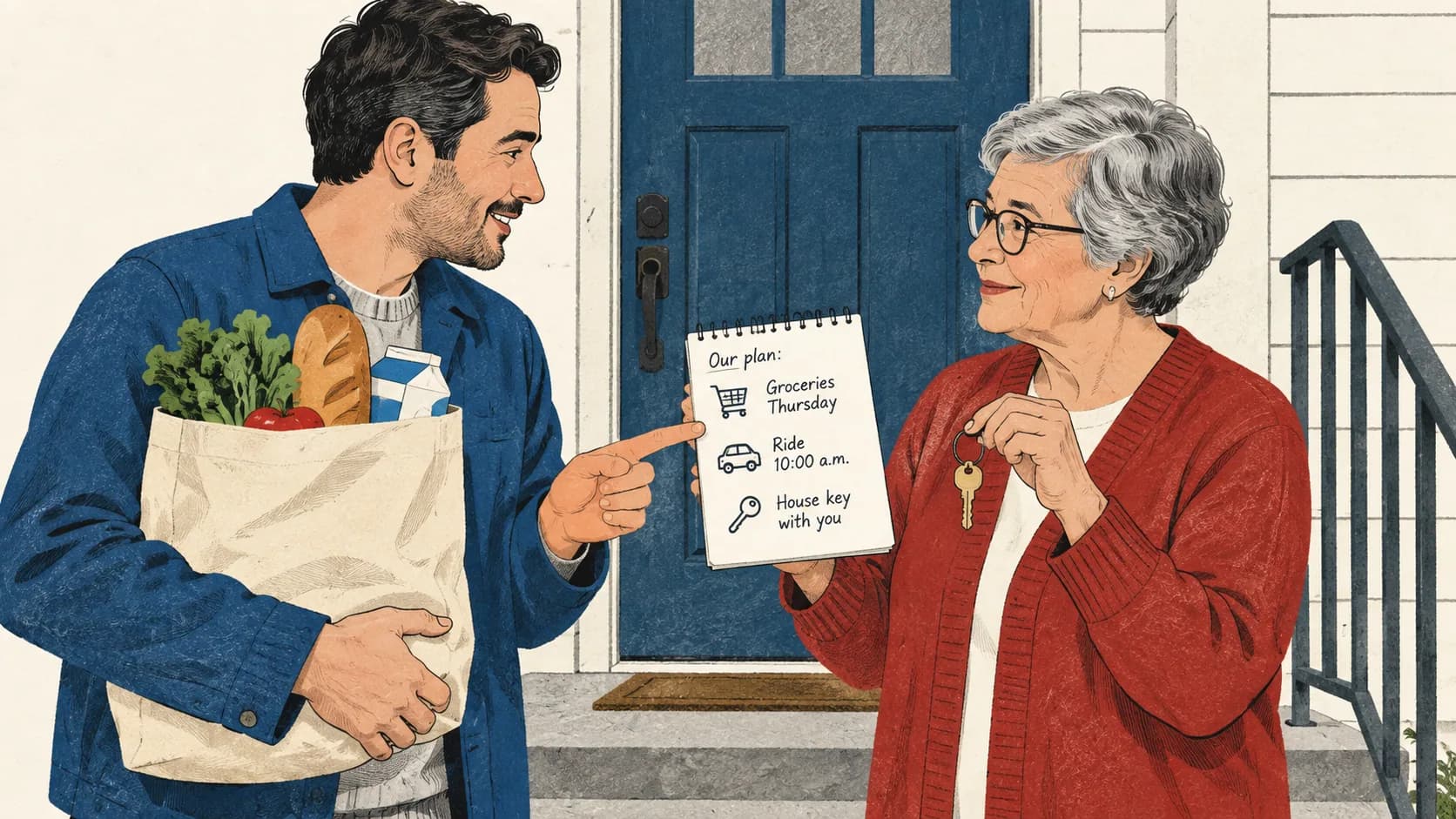 Two neighbors agreeing on groceries, a ride and access to a house key.