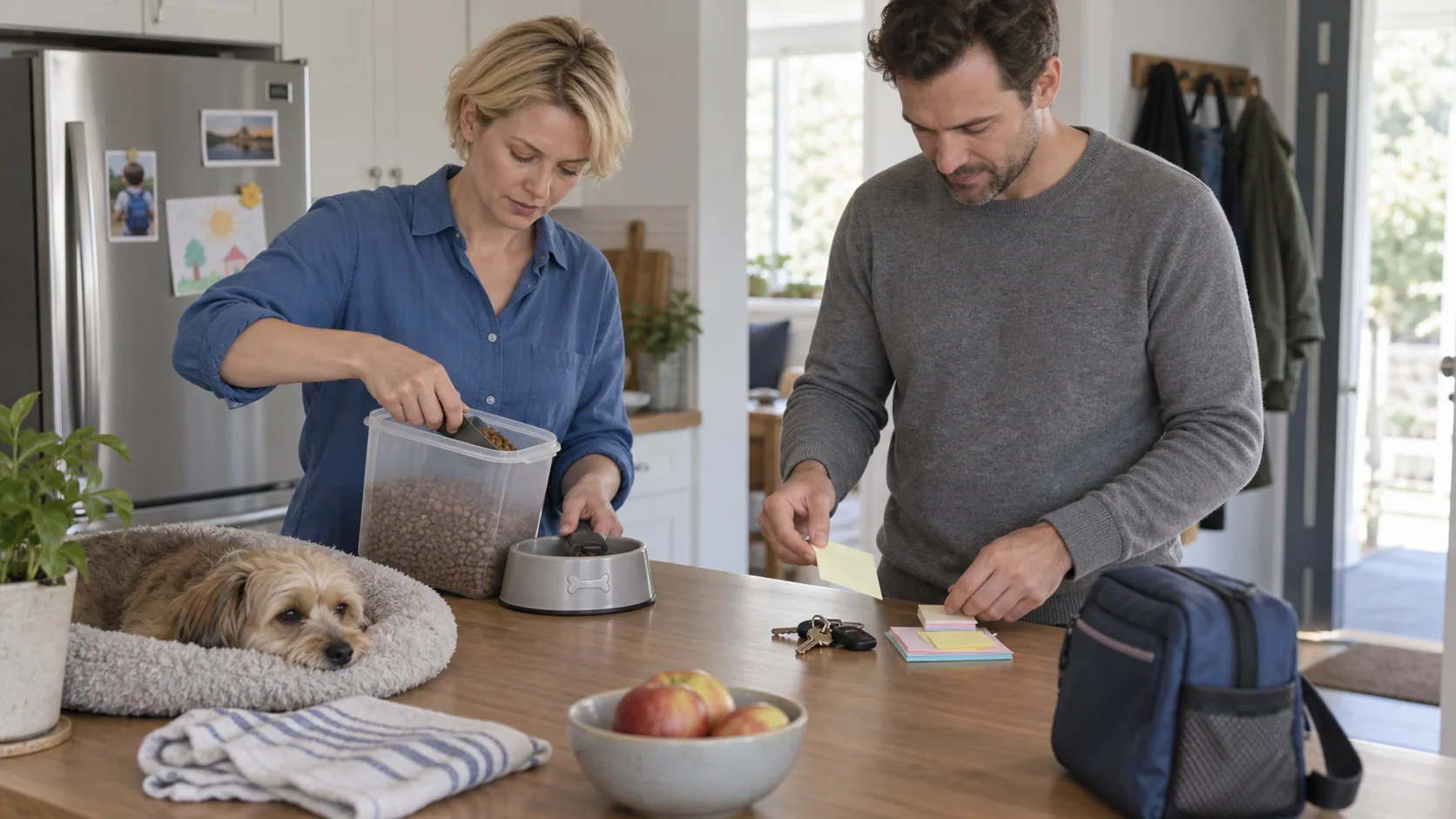 Two adults arranging pet care, household notes and keys before time away.