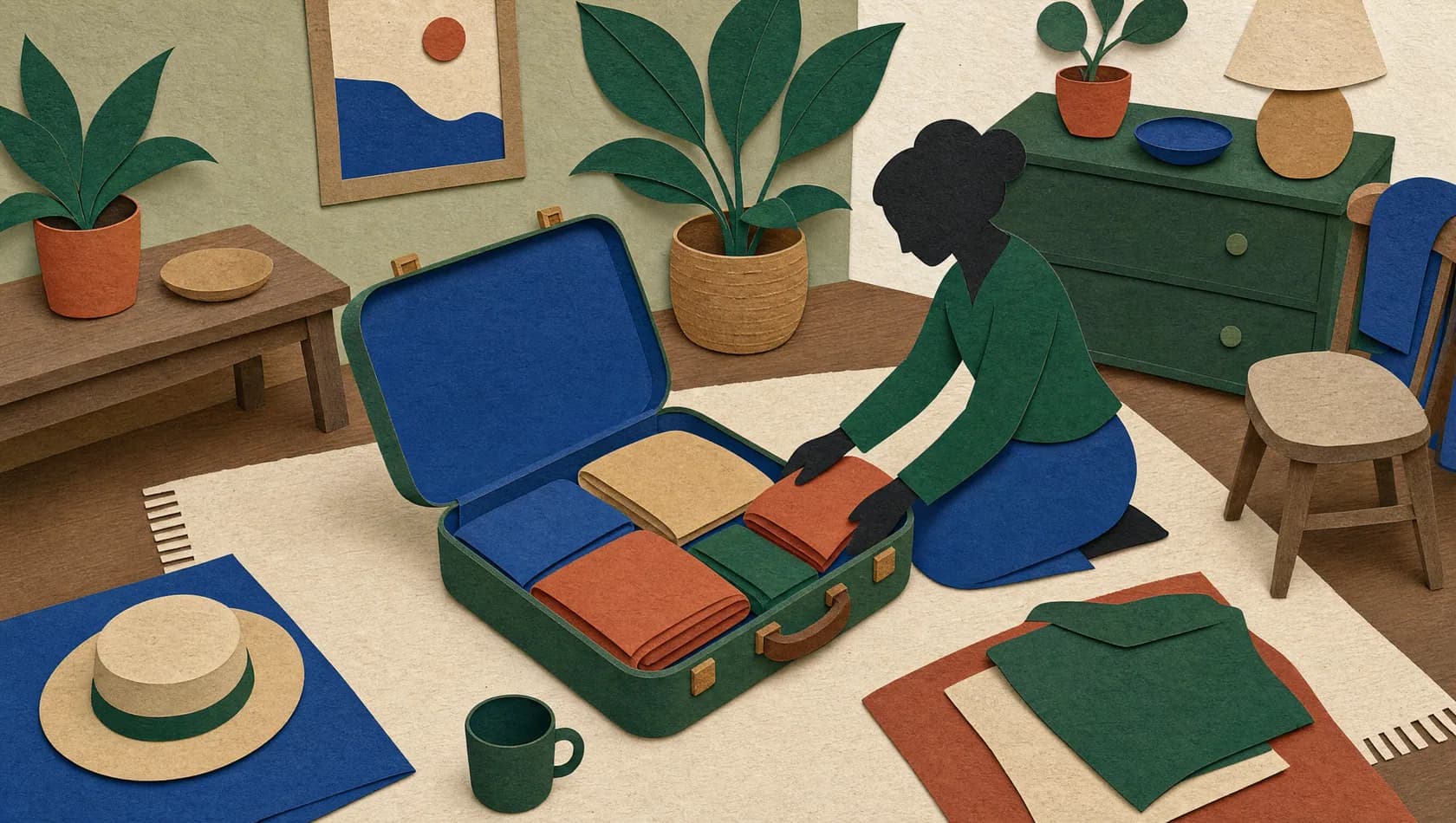 A paper-cut illustration: a paper suitcase opened flat with simplified household shapes arranged around it, warm wood and sage.
