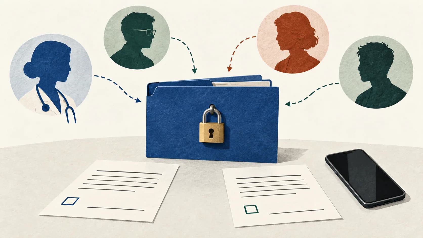 A personal folder and consent forms illustrating information sharing.