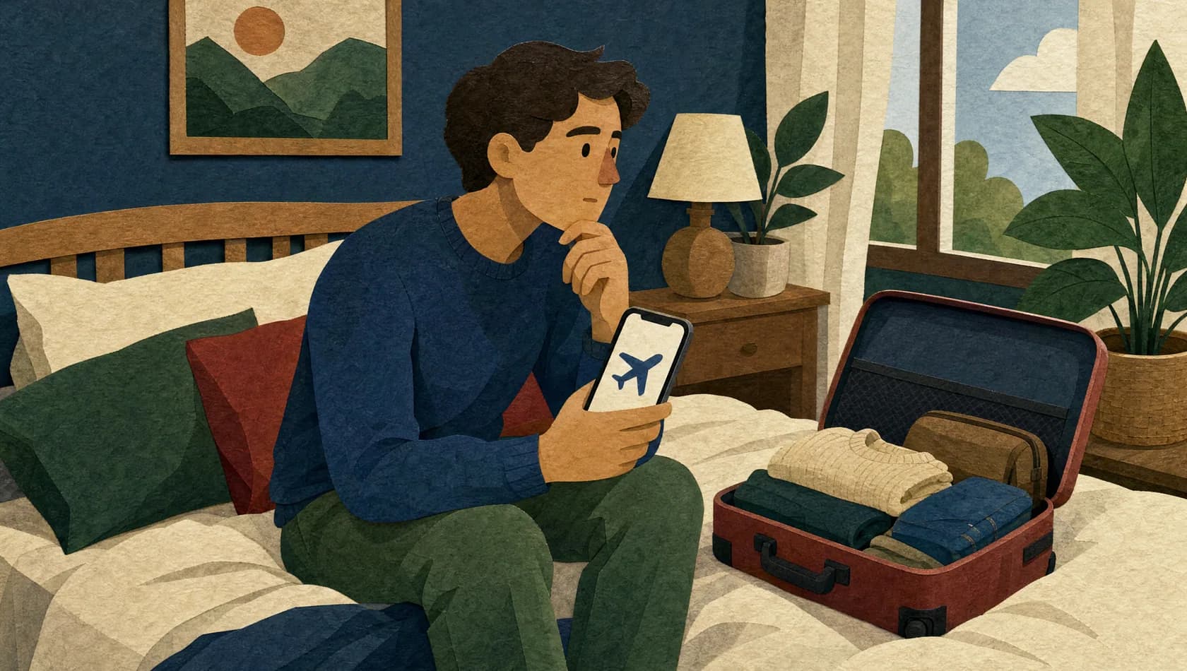 Illustration of a person weighing a travel offer on their phone beside a packed suitcase.