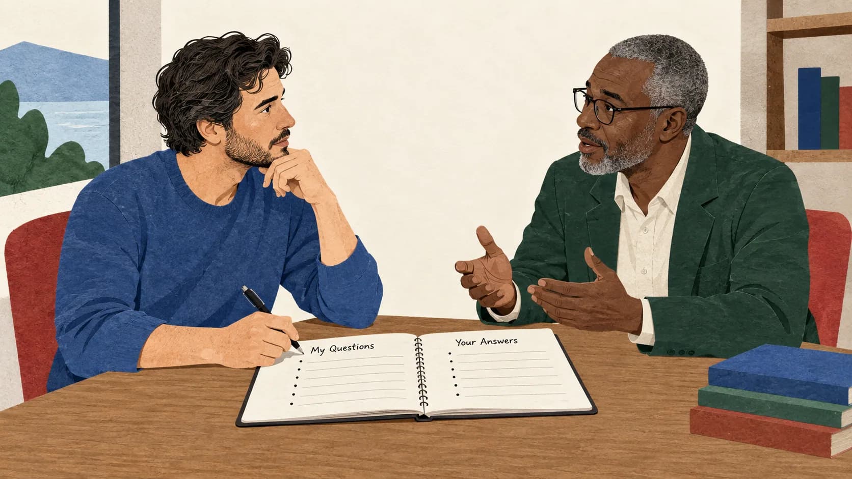 A prospective patient using a question notebook during a conversation with a program representative.