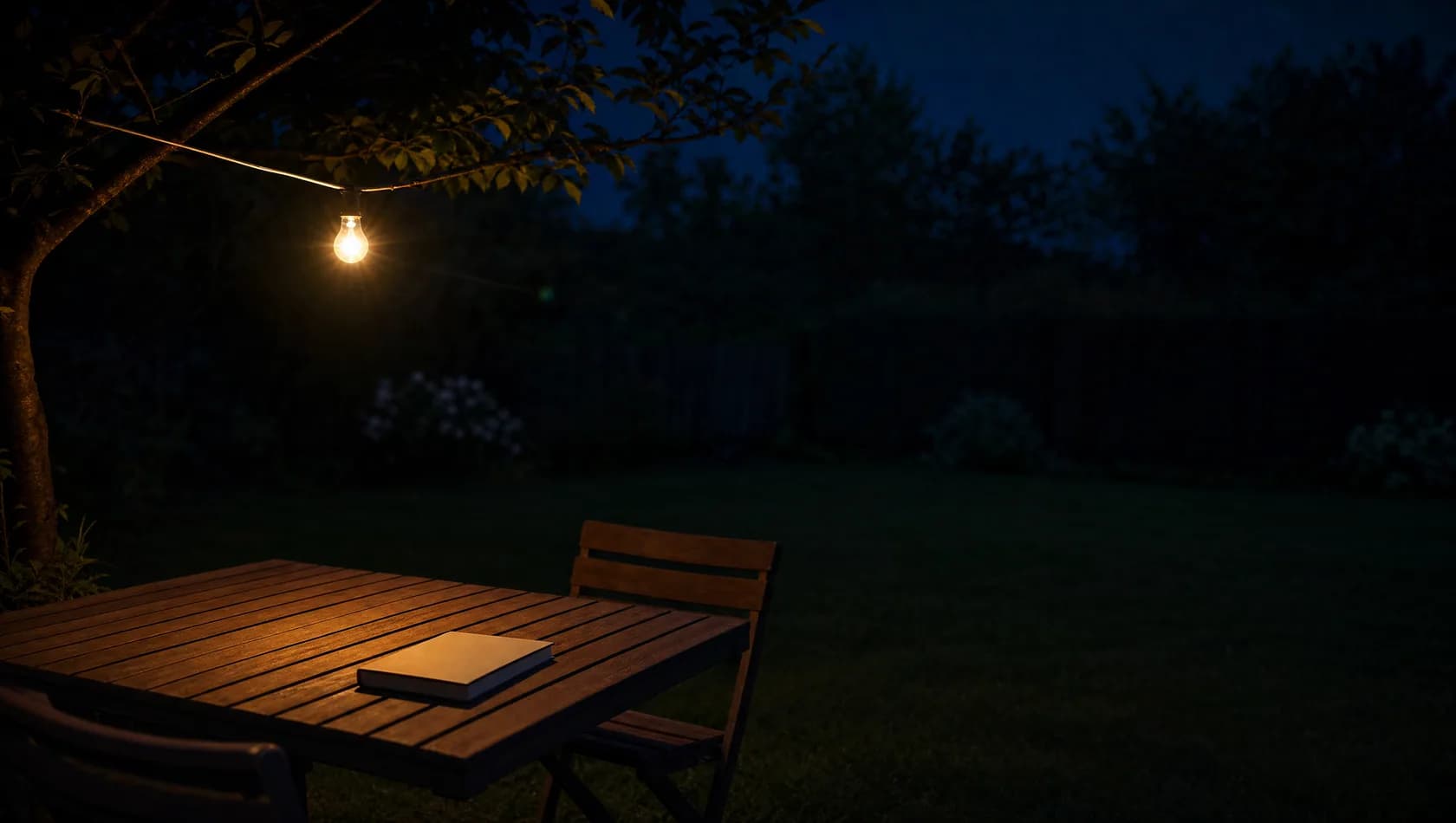 A garden table at night under a single strung bulb with a closed blank notebook on it, the lawn dark beyond.