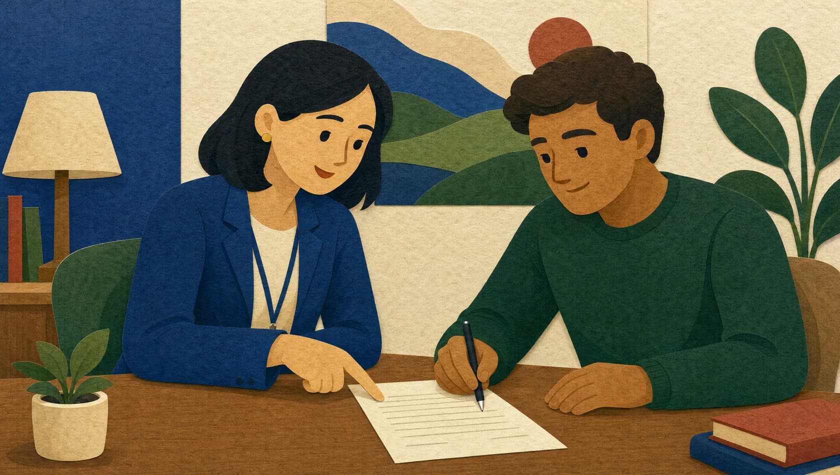 Illustration of a staff member going through a document with an adult before signing.