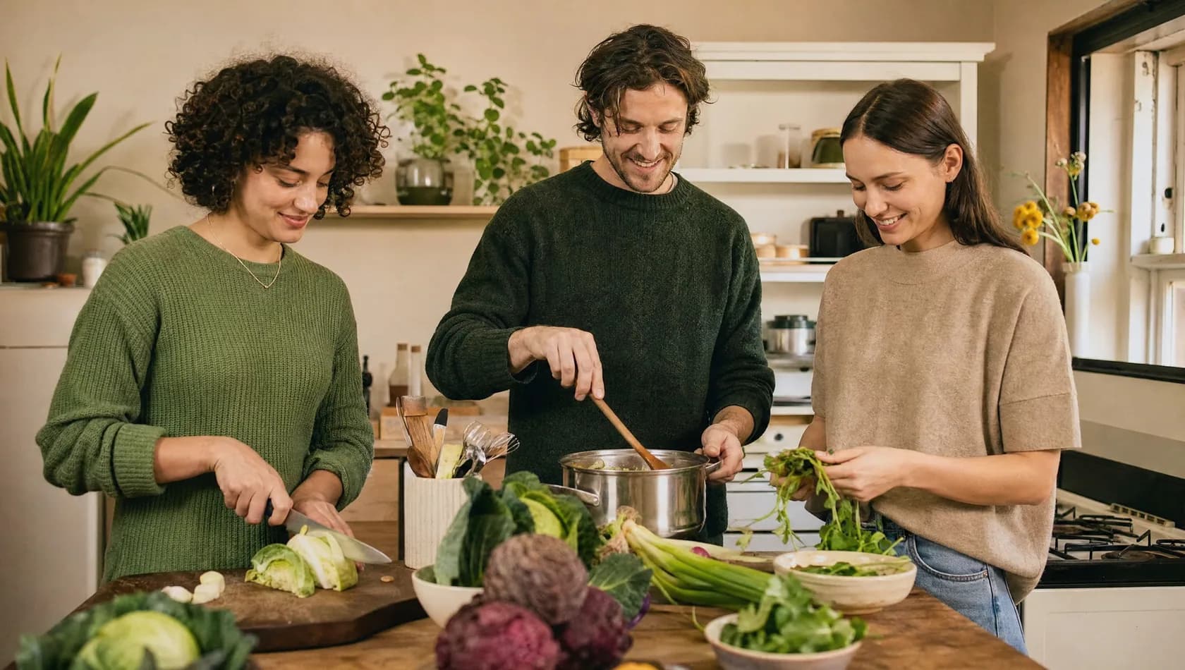 Three housemates cooking dinner together in a shared kitchen.