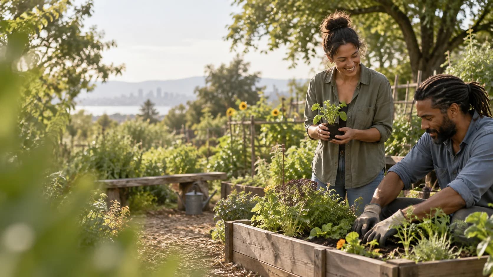Neighbors tending plants in a community garden.