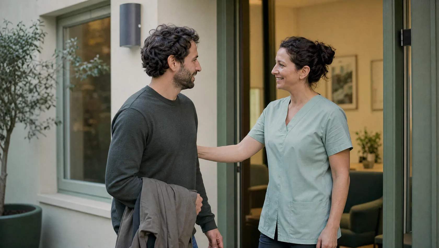 A man being greeted at the door of an outpatient clinic in the evening.