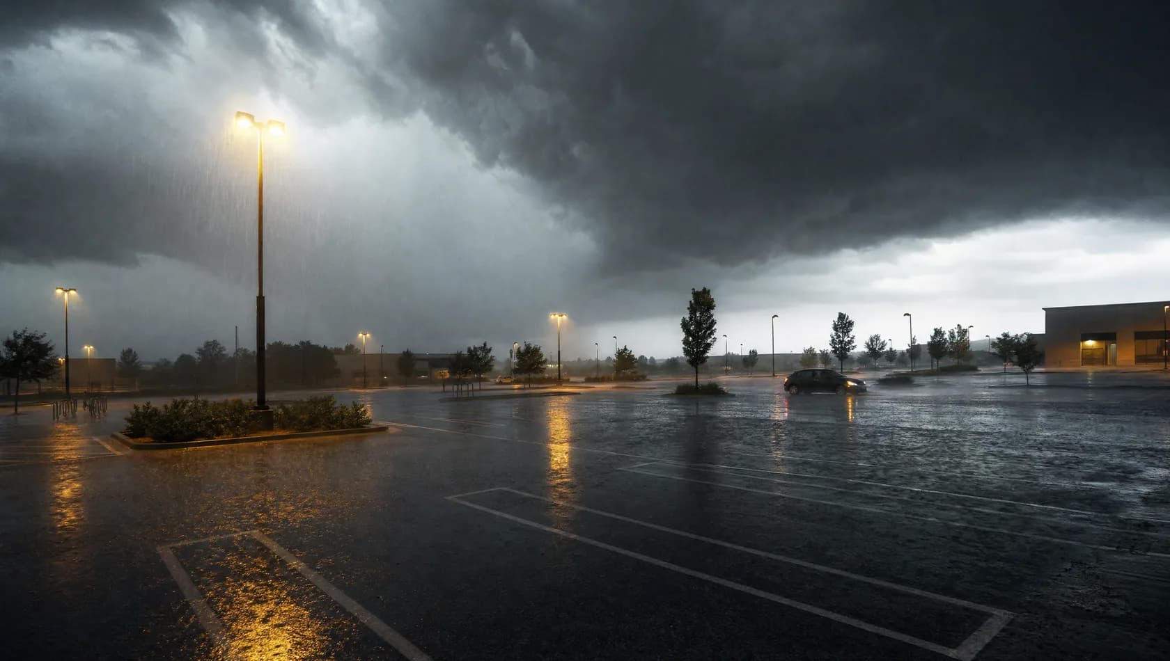 A summer storm breaking over a car park, heavy rain bouncing off tarmac, sodium light in the grey.