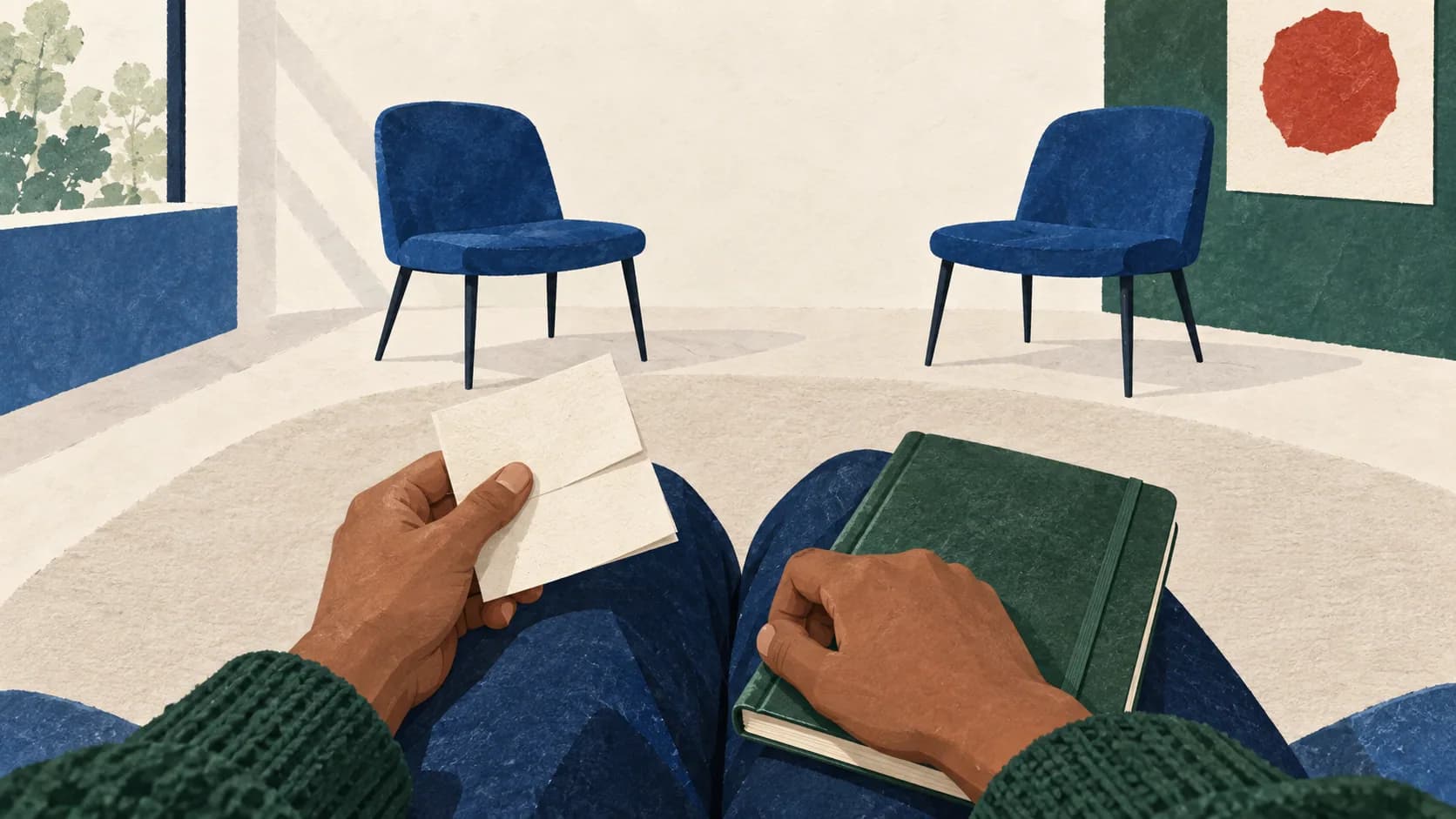 A person holding a private note and journal before a conversation.