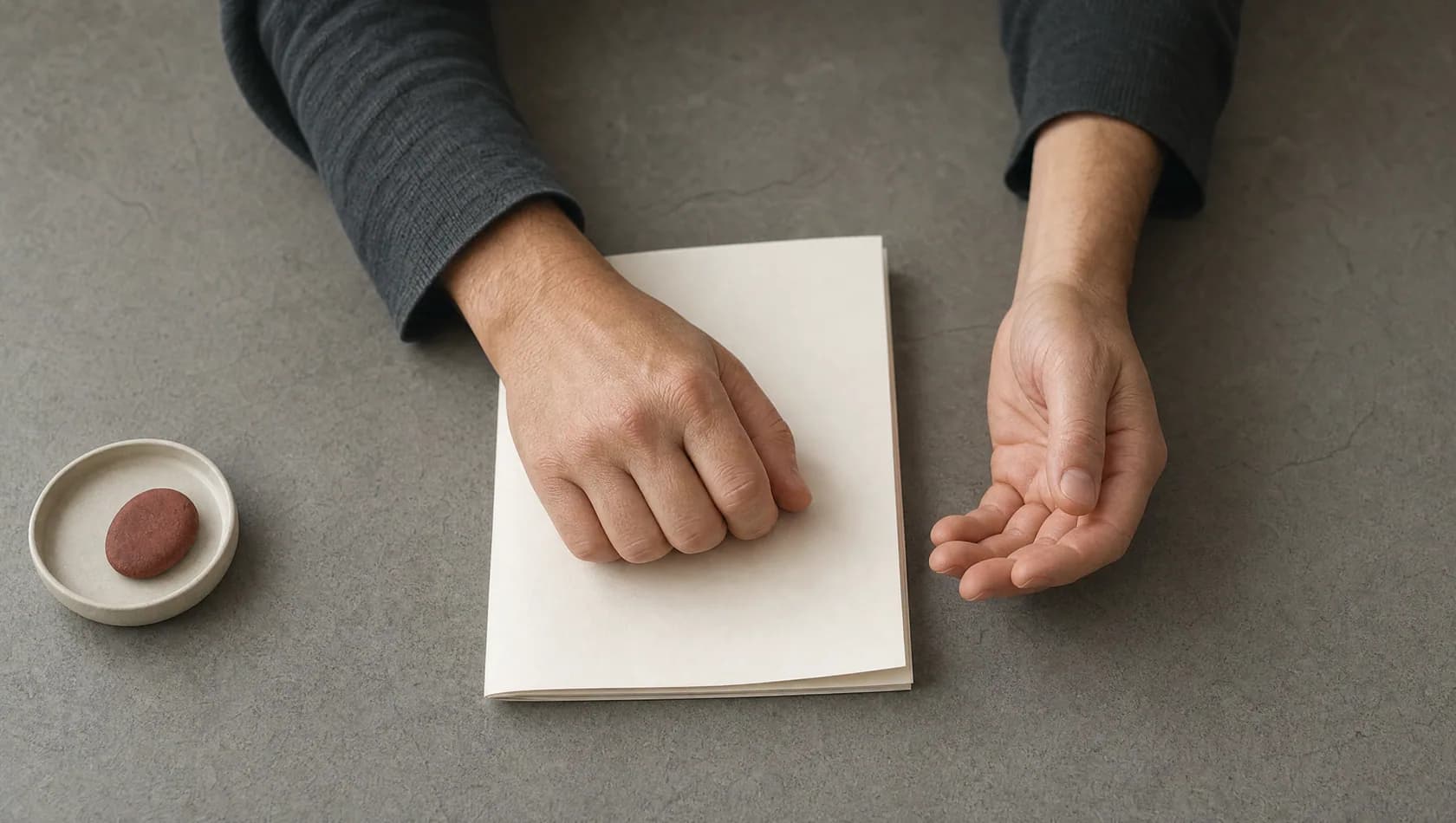 Close up: one hand resting closed over a folded blank sheet on a plain table, the other open beside it, no faces, soft flat light.