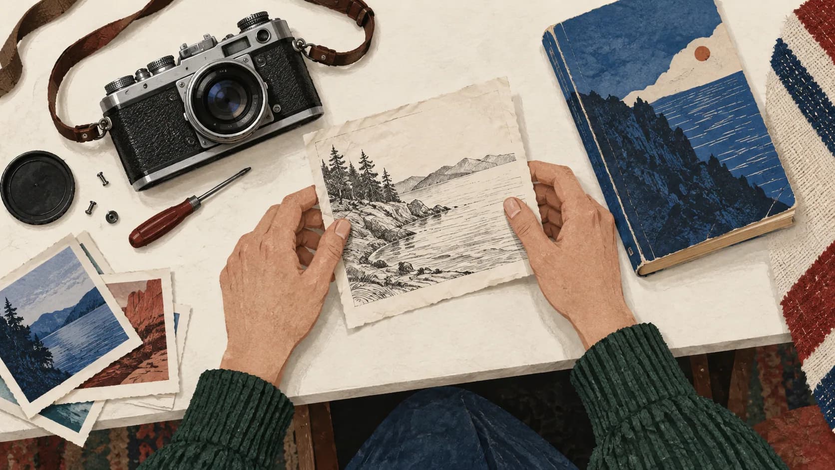 Hands sorting a sketch, a camera and a favorite book.