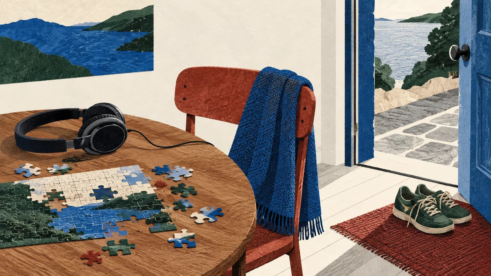 A puzzle, headphones and walking shoes on a quiet afternoon.