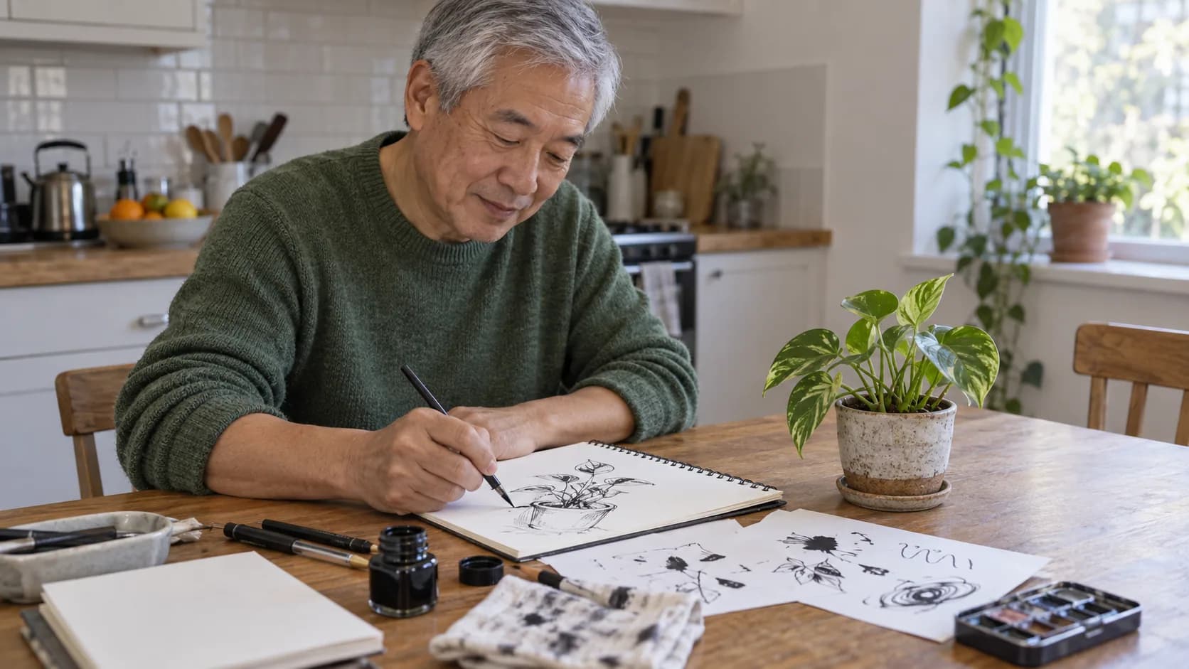 A beginner making an ink sketch at a kitchen table.