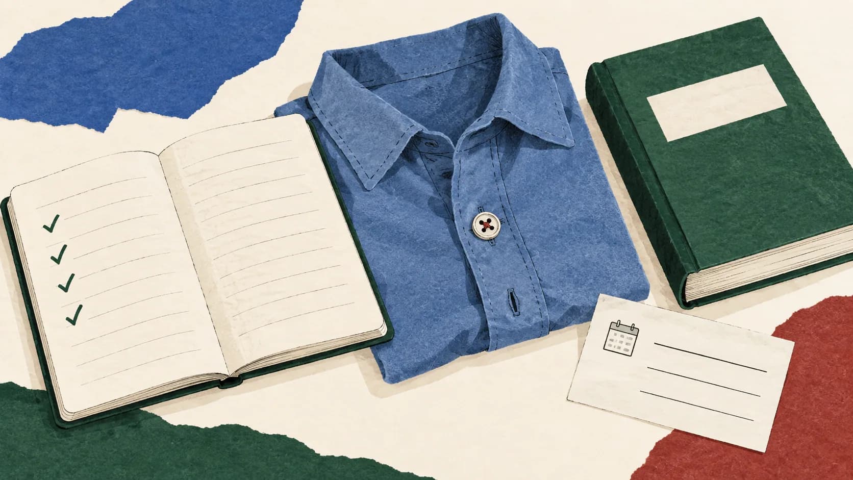 A small checklist beside a repaired shirt, book and appointment card.