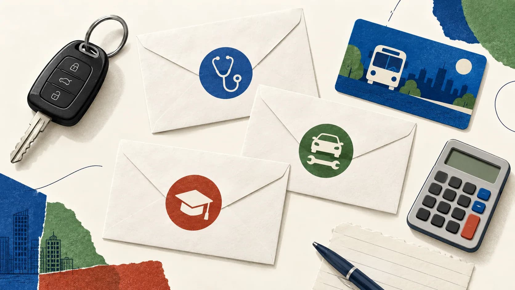 A car key, cost envelopes, bus pass and calculator.
