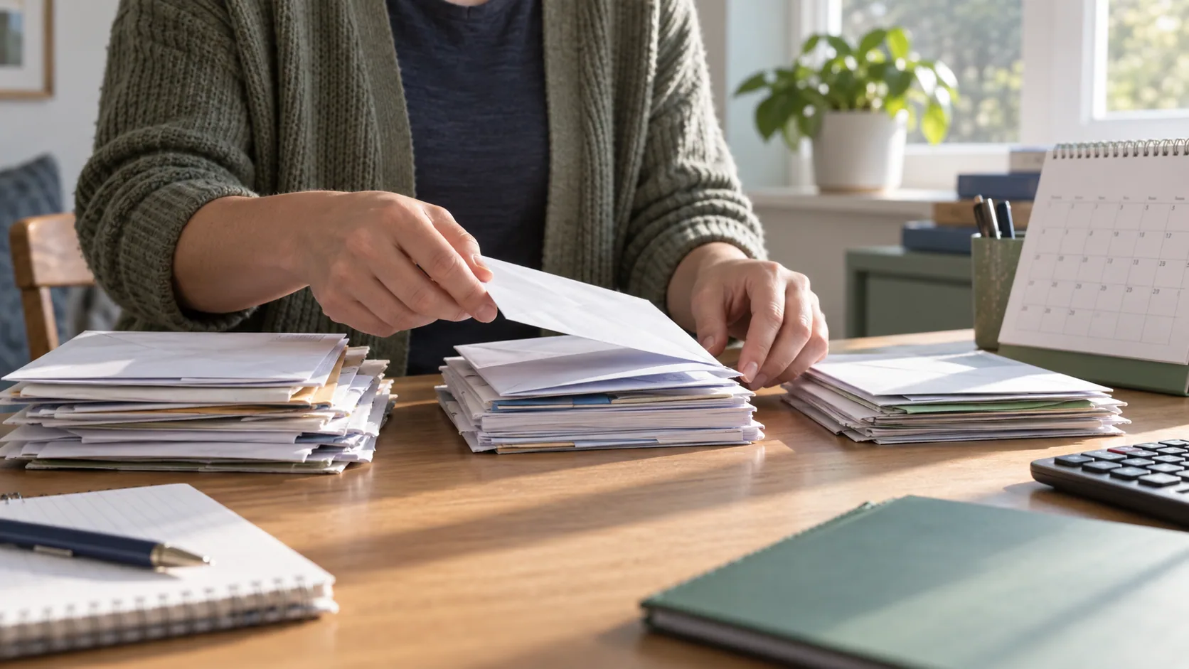Hands sorting household bills into manageable stacks.
