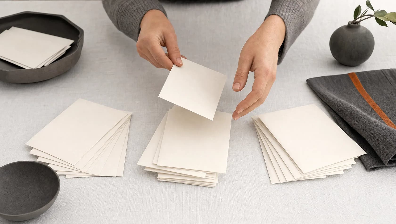 Seen from above: hands sorting plain envelopes into three fanned rows on a pale tablecloth.