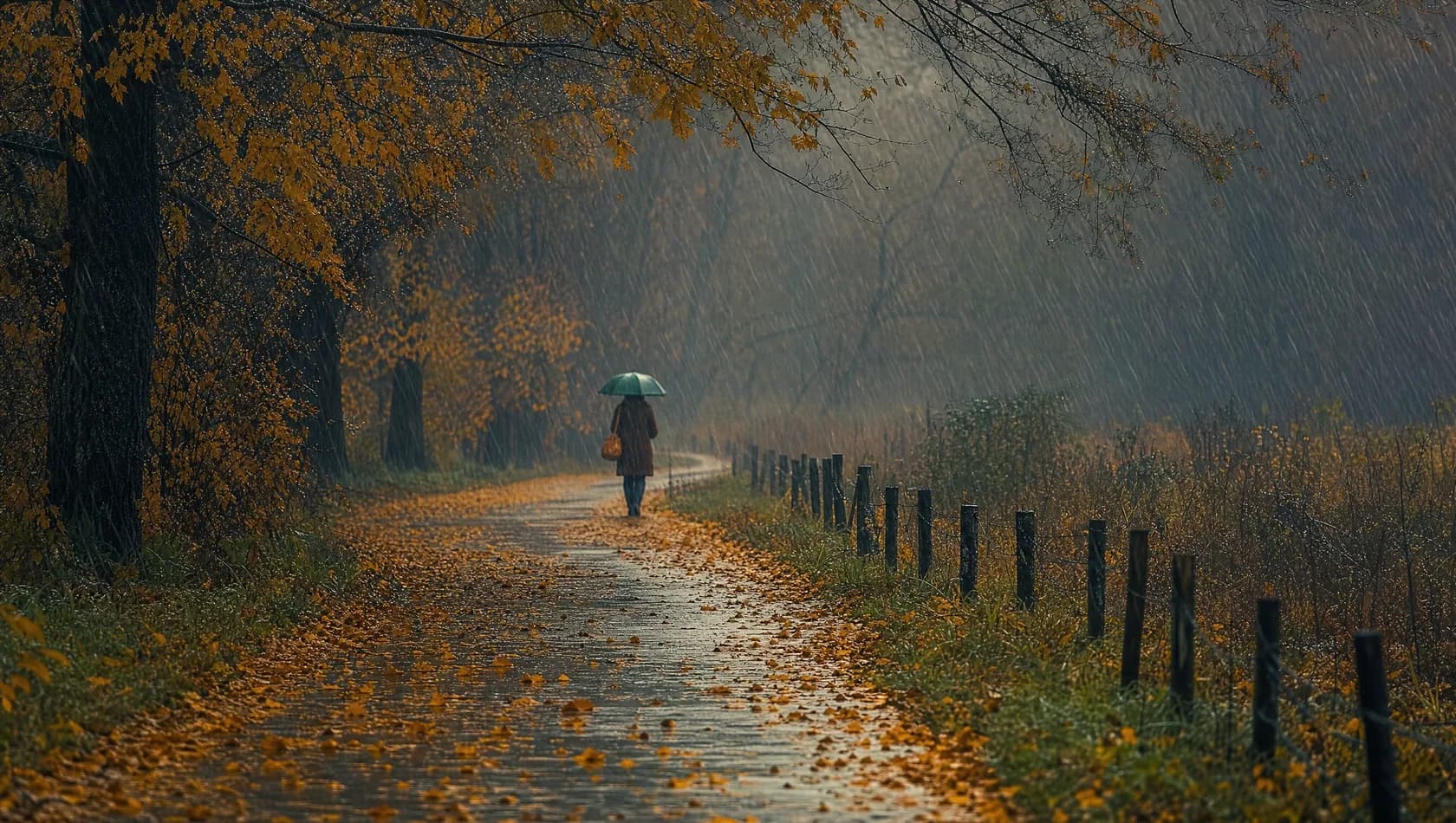 An autumn path through leaf fall in heavy drizzle, ochre and grey-green, a single distant figure with a bag.