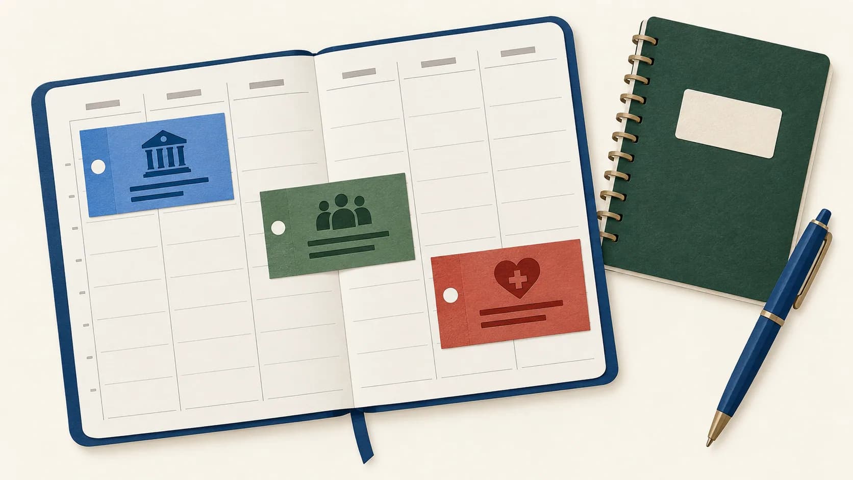 Different appointment cards arranged on a weekly planner.