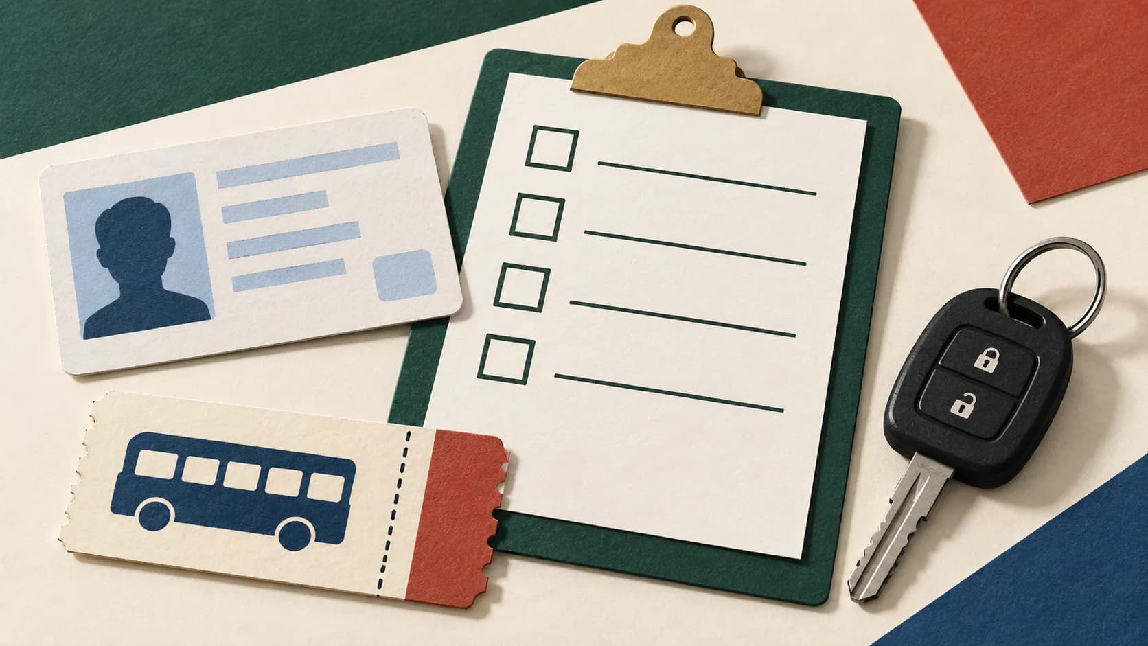 A generic identity card, empty checklist, bus ticket and car key.