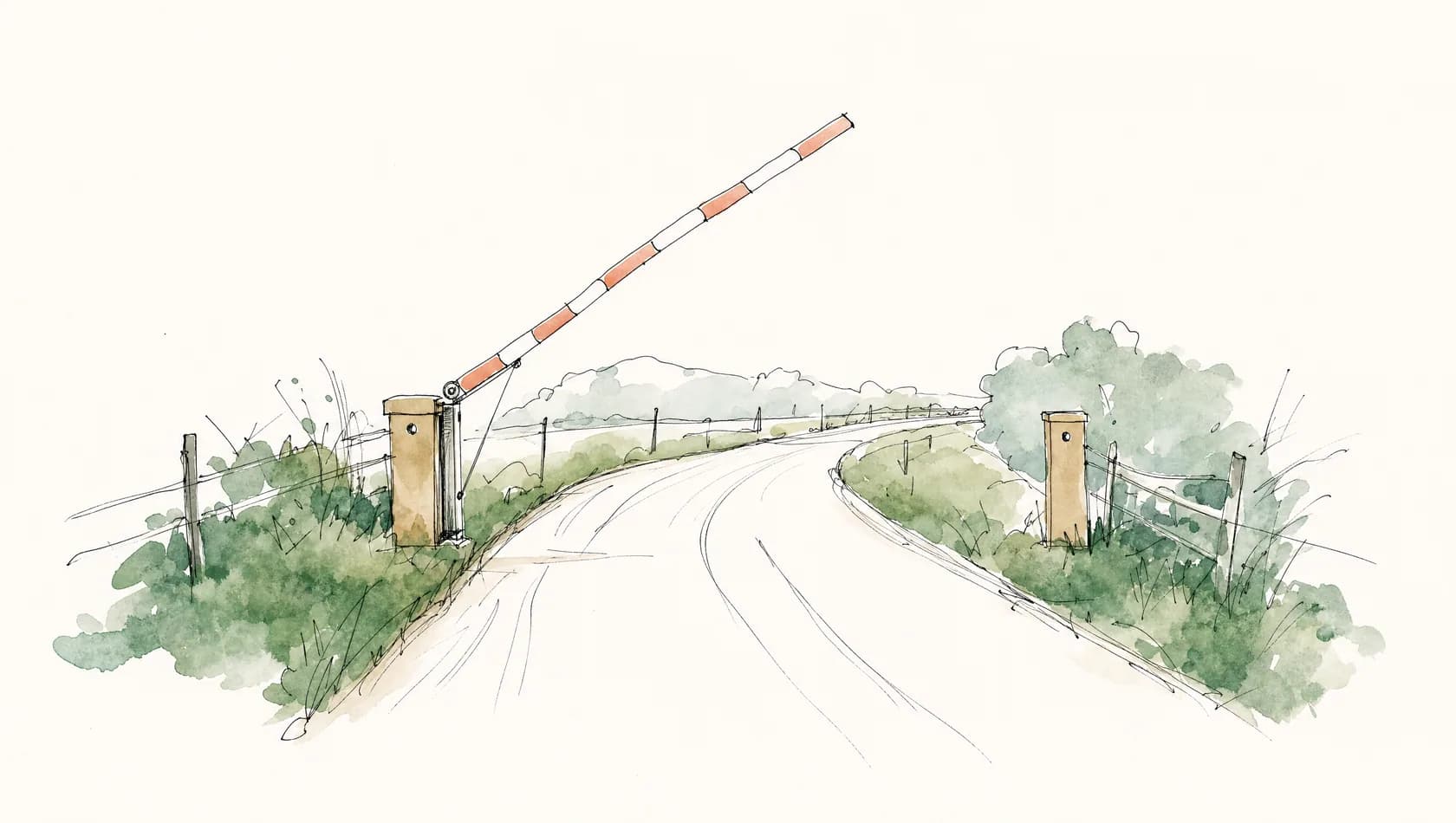 An ink-and-wash drawing: a road curving away between two washed green verges with a plain barrier lifted, loose line throughout.