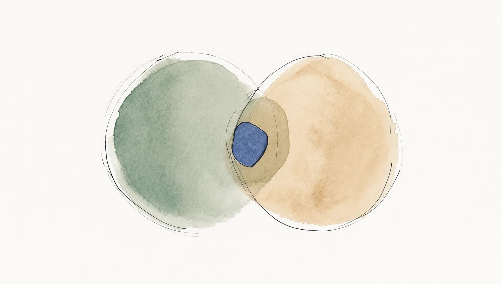 An ink-and-wash drawing: two loose overlapping circles washed in sage and sand with one small shape held in the overlap.