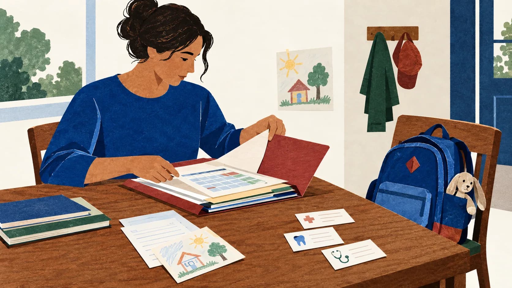 A parent organizing school and appointment records beside a child's backpack.