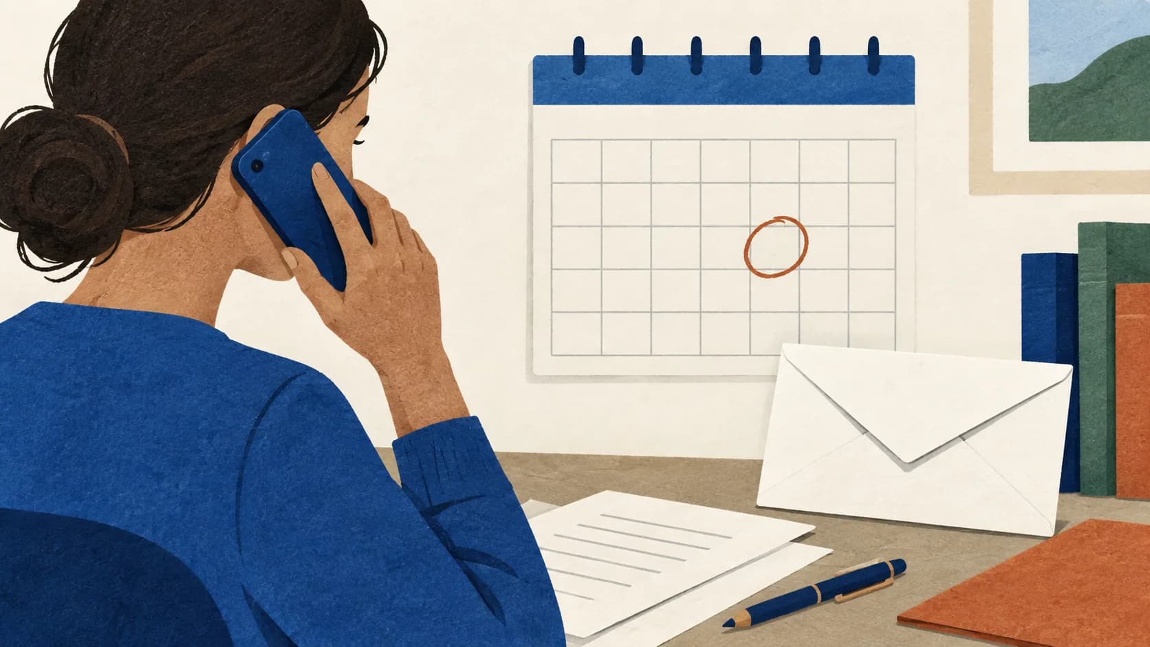 A person making a call about a missed date on a calendar.