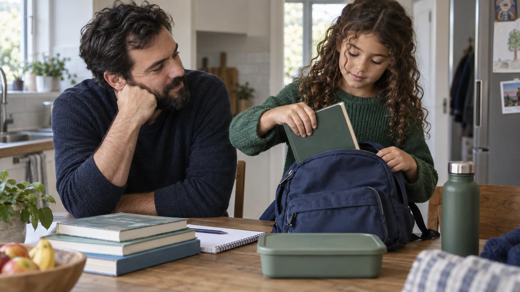A father and daughter packing a school bag together.