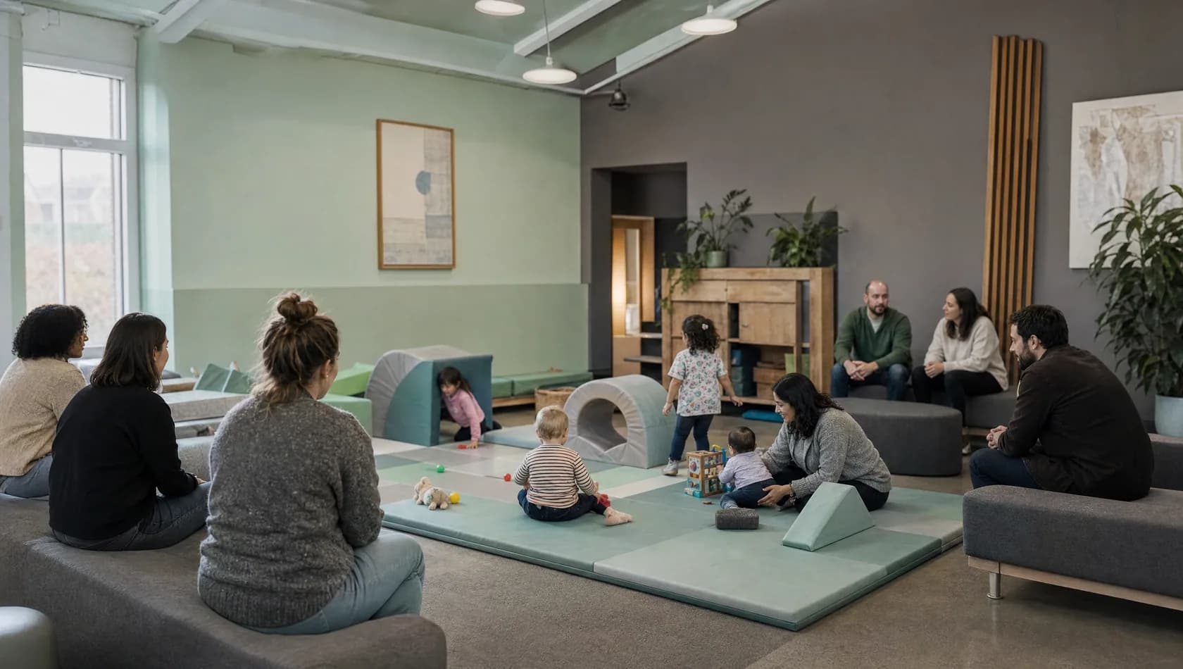 A soft-play corner of a community hall with adults on low benches and children at the mats, middle distance, no face dominant.