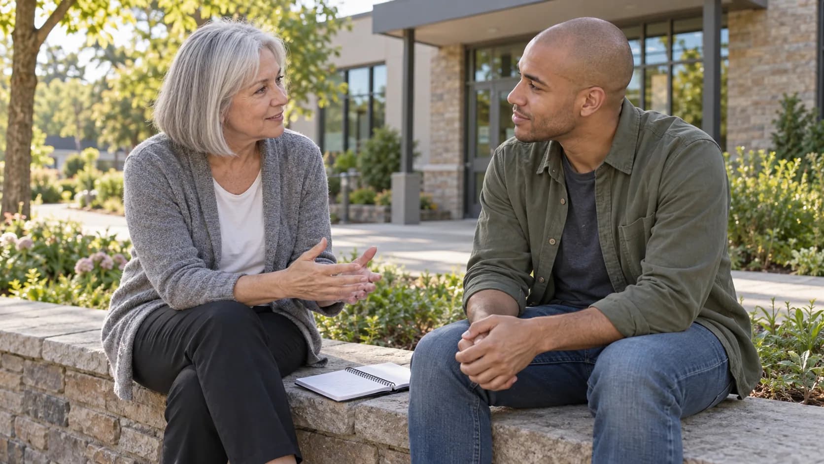 Two adults discussing support outside a community center.
