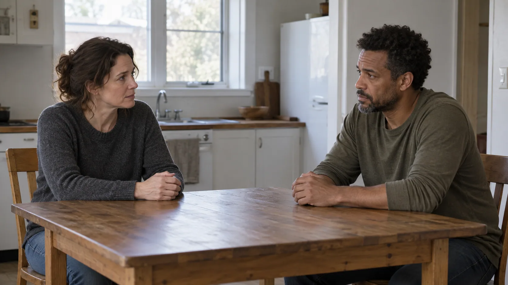 Two siblings preparing for a serious conversation at a kitchen table.